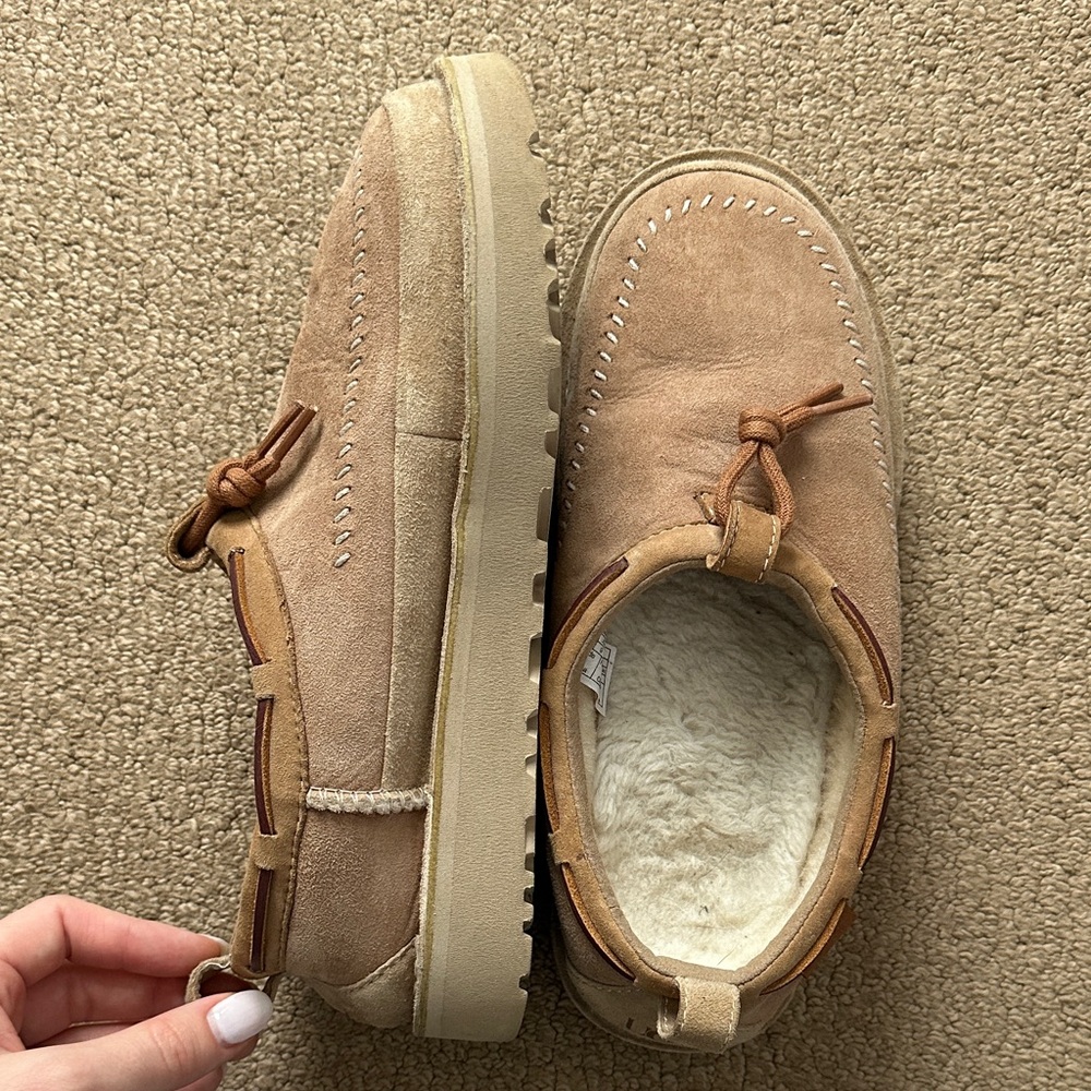 UGG Beige Suede Slip-On Shoes with Faux Fur